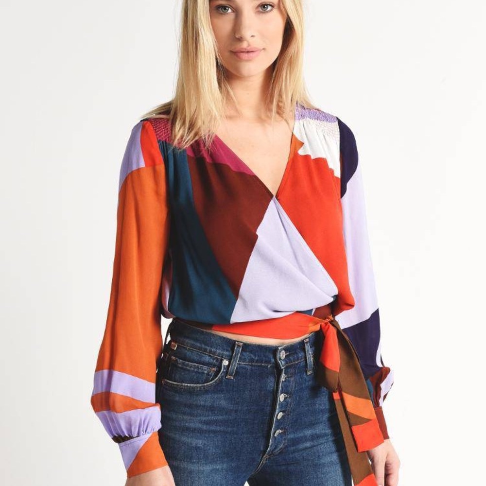 Tanya Taylor Colorblock Klara Top 100% Silk V-Neck Wrap Blouse -‎ 4